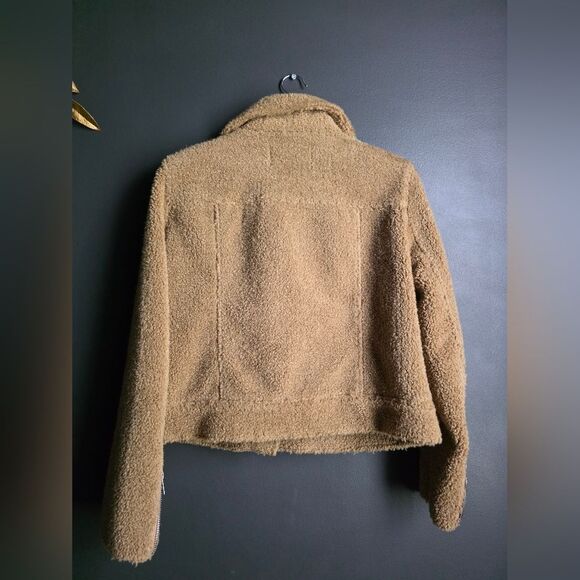 Zara FAUX FUR Sherpa BIKER JACKET TEDDY CAMEL Tan Crop Sz L Moto - Picture 9 of 12
